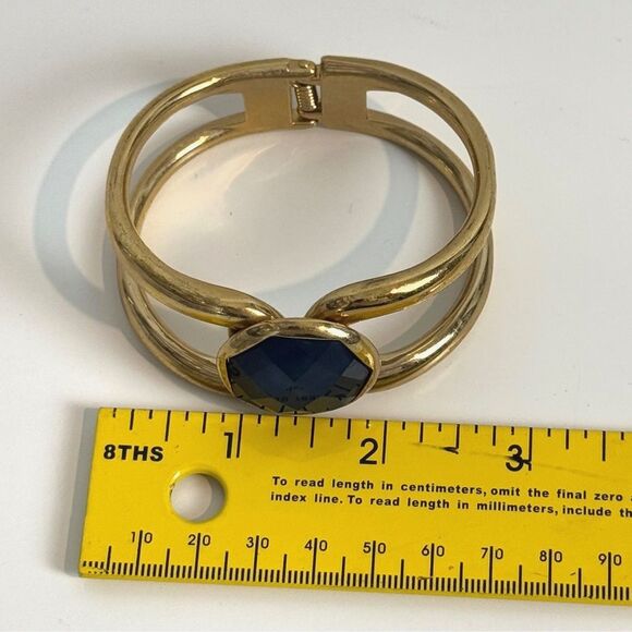 Gold Tone Blue Gemstone Hinged Cuff Bracelet - Picture 3 of 4